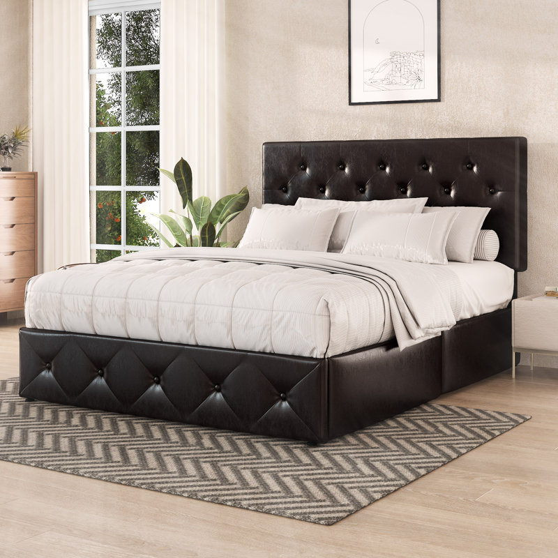 Vegan Platform Bed with 4 Drawers and Adjustable Headboard, Diamond Stitched Leather Headboard