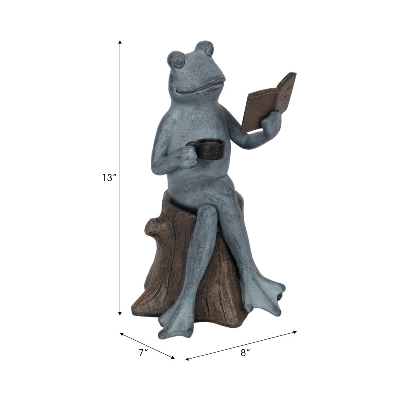 Statuette décorative de grenouille en forme de grenouille pendant la pause-café - Décoration de jardin pour les amateurs de livres - Sculpture décorative extérieure - 33 cm, vert et bronze