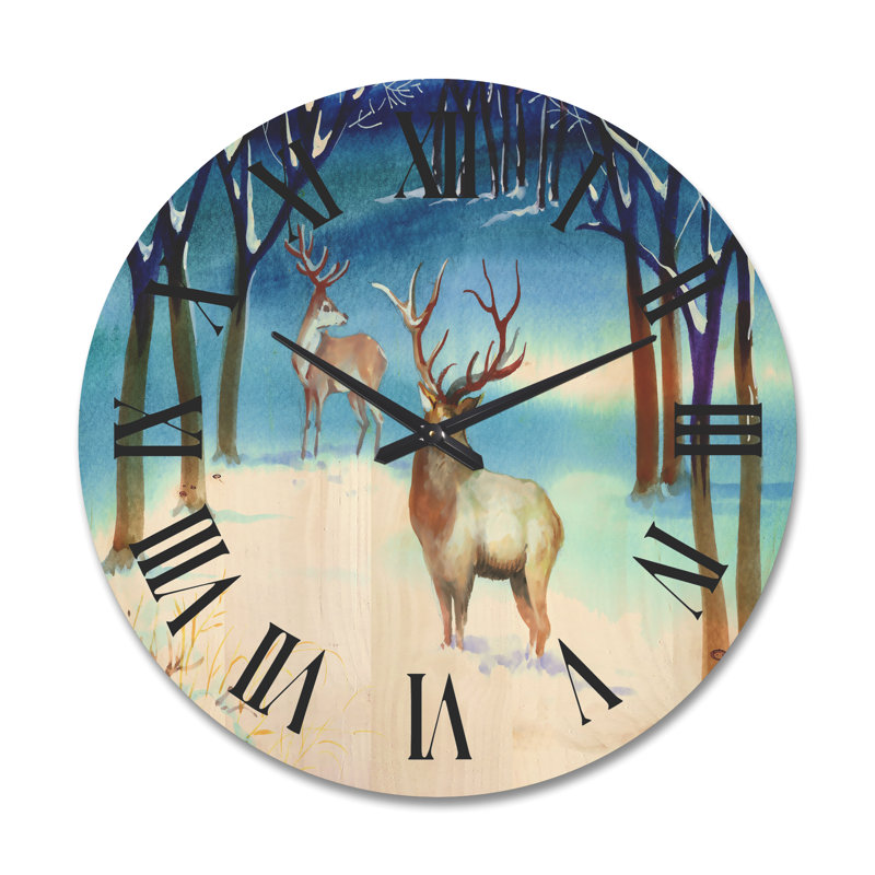 Horloge murale paysage d'hiver avec cerfs, Très grand