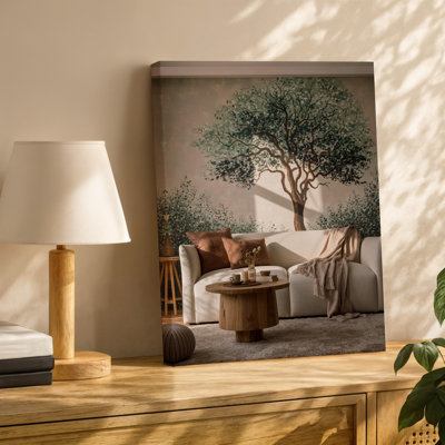 Toile, scène de salon douillette avec un canapé blanc moelleux orné de coussins décoratifs bruns jumelés à une toile tendue texturée