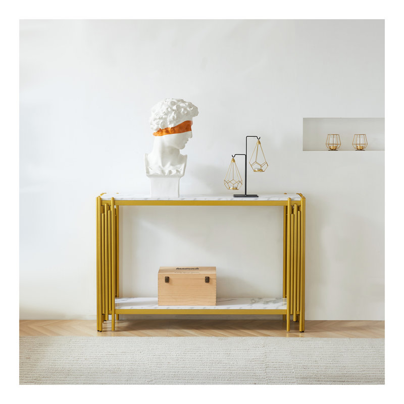 Console en faux marbre à 2 niveaux, table de canapé de salon, table d'entrée étroite moderne, table d'entrée de couloir, pieds réglables, pour entrée, couloir, or