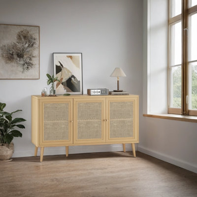 Buffet avec 3 portes en rotin et armoire de rangement moderne pour le salon (grand, noir)