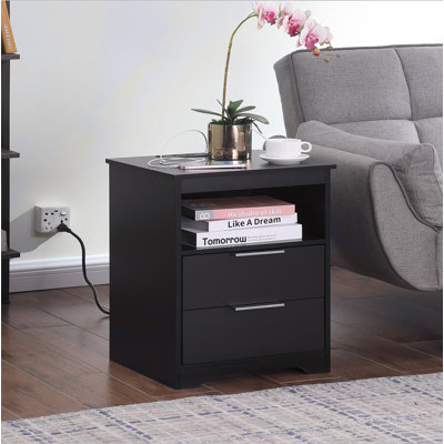 Table de chevet avec station de charge, table de bout à 2 tiroirs, table de bout en bois avec tiroir et tablette d'ouverture, table d'appoint pour chambre à coucher