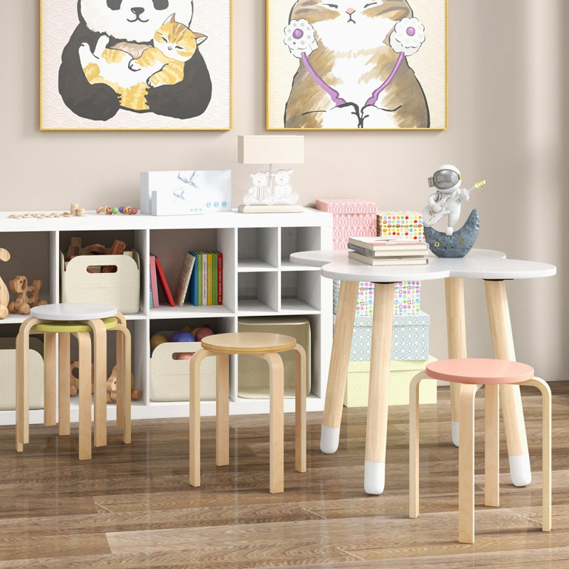 Set of 4 Bentwood Stackable Stools with Round Tops, Solid Wood