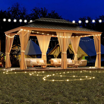 Hardtop Gazebo, Aluminum Frame, 20'x12' with Curtains and Mesh Netting, Outdoor Garden Pavilion, Gray