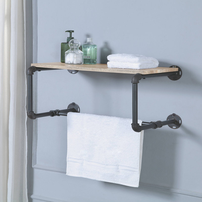 Haefele Accent Shelf with Towel Bar in Oak and Sandy Black