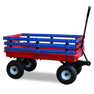 FARM-TUFF Plastic Trekker Wagon with Removable Side Racks & Pneumatic Tires, Red and Blue, 20x38