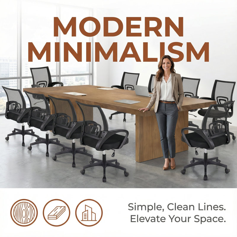 Table de conférence en bois massif et ensemble de chaise de bureau ergonomique