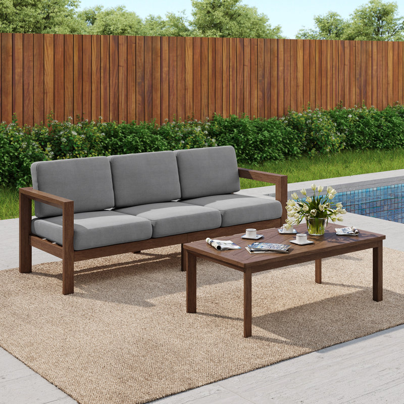 Ensemble de patio extérieur en bois massif pour trois personnes avec coussins et table basse, Gris clair