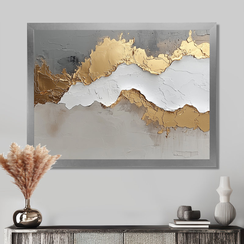 Ognen, bosquet abstrait d'introspection en or et blanc VI - art abstrait de vagues modernes, H 12 po x l 20 po, Cadre simple