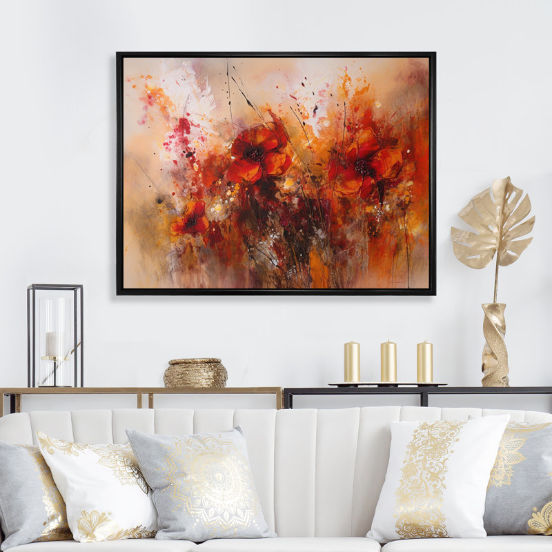 Rouge rouge, coquelicot, floral, Euphoria, H 24 po x l 32 po, Cadre flottant noir