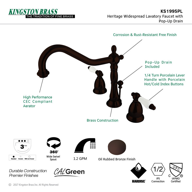 Kingston Brass Heritage Two-Handle 3-Hole Deck Mount Widespread Bathroom Faucet with Brass Pop-Up Drain