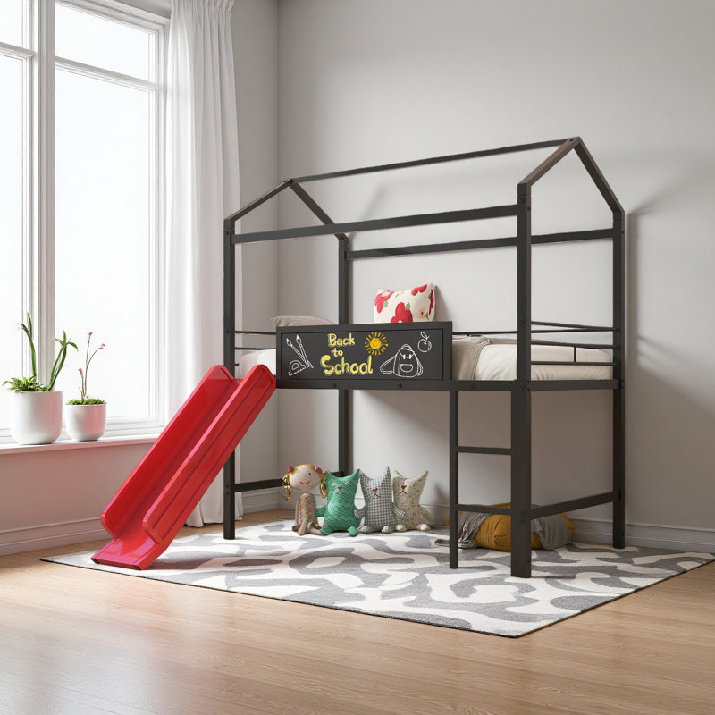 Metal House Bed With Slide, Twin Size Metal Loft Bed With Two-Sided Writable Wooden Board, Red