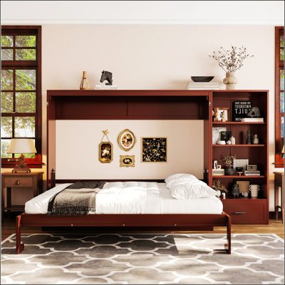 Grand lit escamotable avec rangement réglable, tablette et tiroir, pour une utilisation compacte et multifonctionnelle dans les chambres et les chambres d'amis.