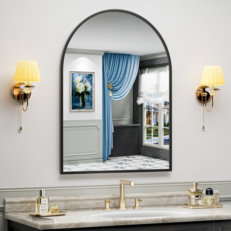 Matte Black Arch Vanity Mirror with Aluminum Alloy Frame, HD Tempered Glass, French Cleat Mounted Wall Decor Bathroom Vanity Mirror