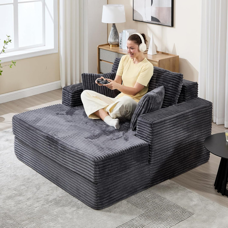 Méridienne 59 po x 53 po d'intérieur - Très grand canapé-lit rembourré en velours côtelé confortable avec 4 coussins et accoudoirs, canapé de lecture à assise profonde, aucun assemblage requis