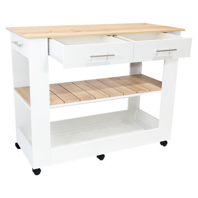 Light Oak Kitchen Island with Drawer Shelves and Casters by Red Barrel Studio