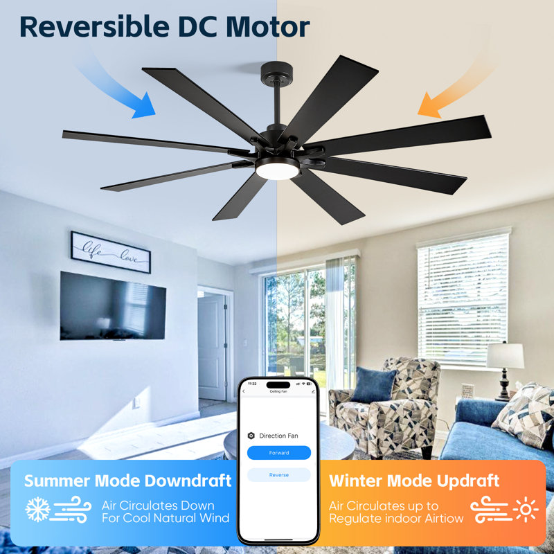 62''/72" 8-blade Modern Smaart Ceiling Fan With Dimmable 5cct Led Lights And Remote Control And App, Black, Black, 72"