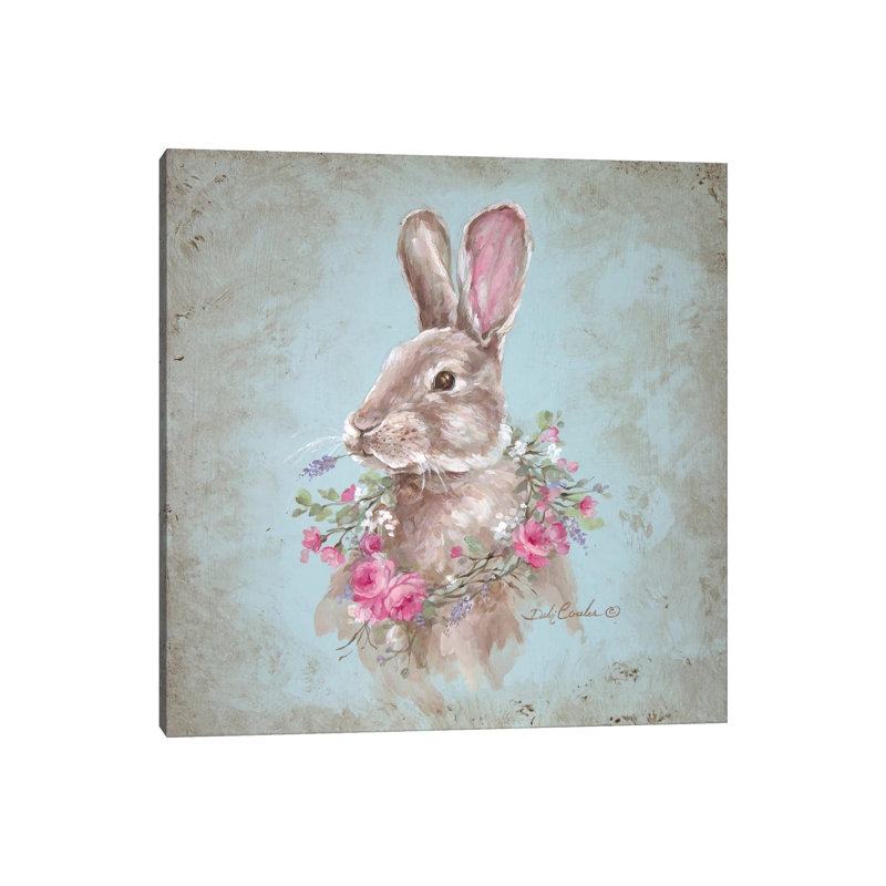 Bunny With Wreath by Debi Coules - Painting on Canvas, 45.72 cm H x 45.72 cm W, White Framed