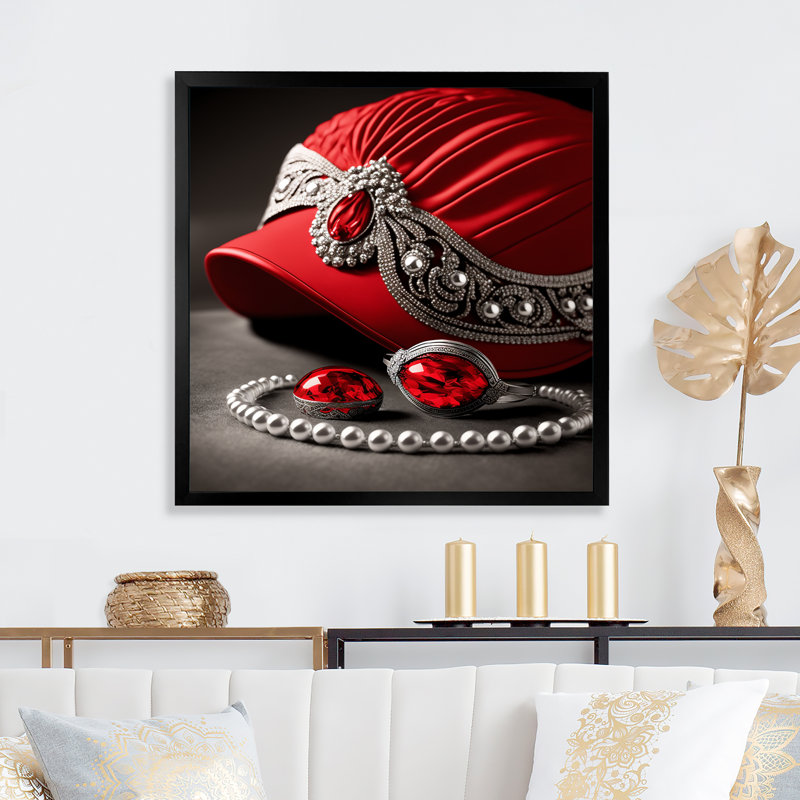 «Neonila Vintage Glam Red Hat», reproduction sur toile, Cadre photo noir, H 16 po x l 16 po x P 1 po