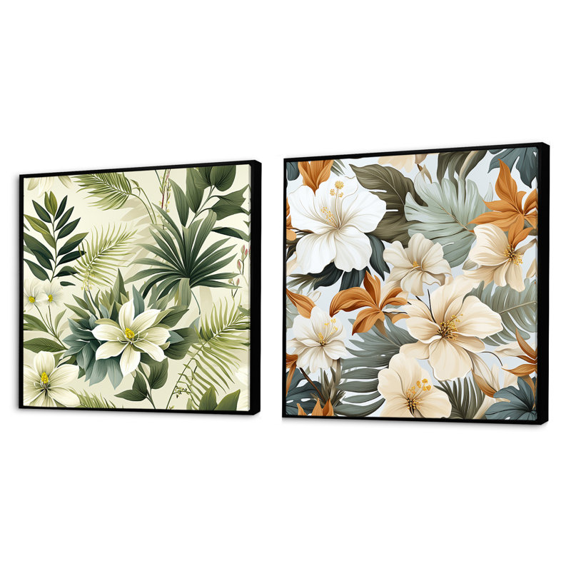 Serene Jungle III - Ensemble de 2 collages carrés floraux et botaniques, Cadre flottant noir, H 36 po x l 73 po