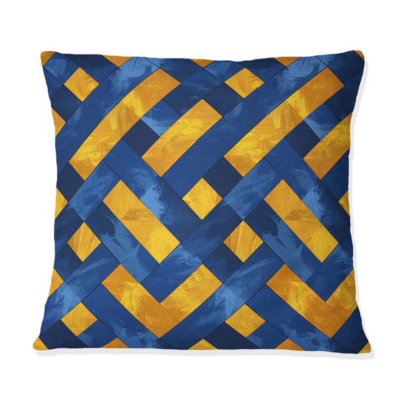 Coussin décoratif bleu et jaune à motif de paniers I, H 16 po x l 16 po