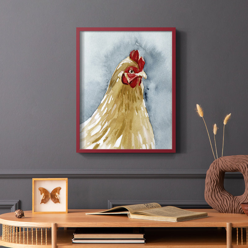 Portrait de poulet II, reproduction encadrée - bois massif, Rouge, H 10 po x l 8 po