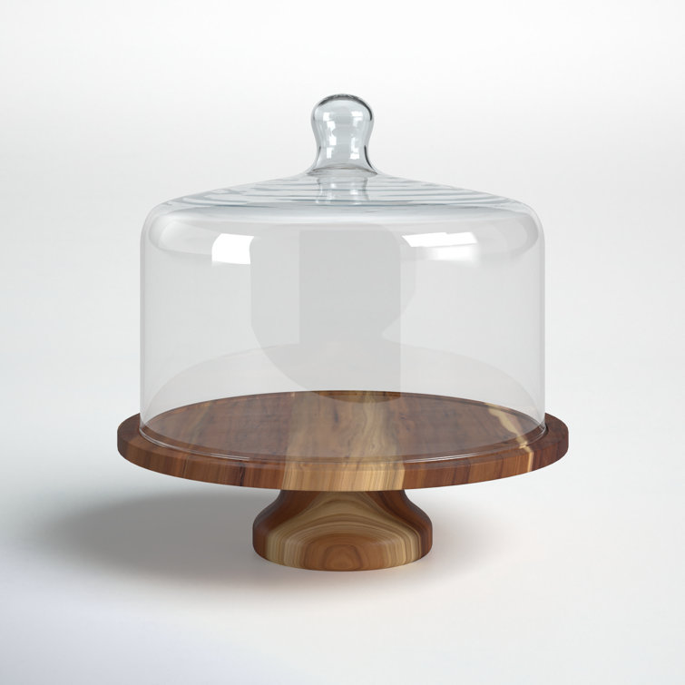 Libbey Acaciawood Cake Stand With Glass Dome - 11.75" Round Wood Serving Board, 10.5" Dome