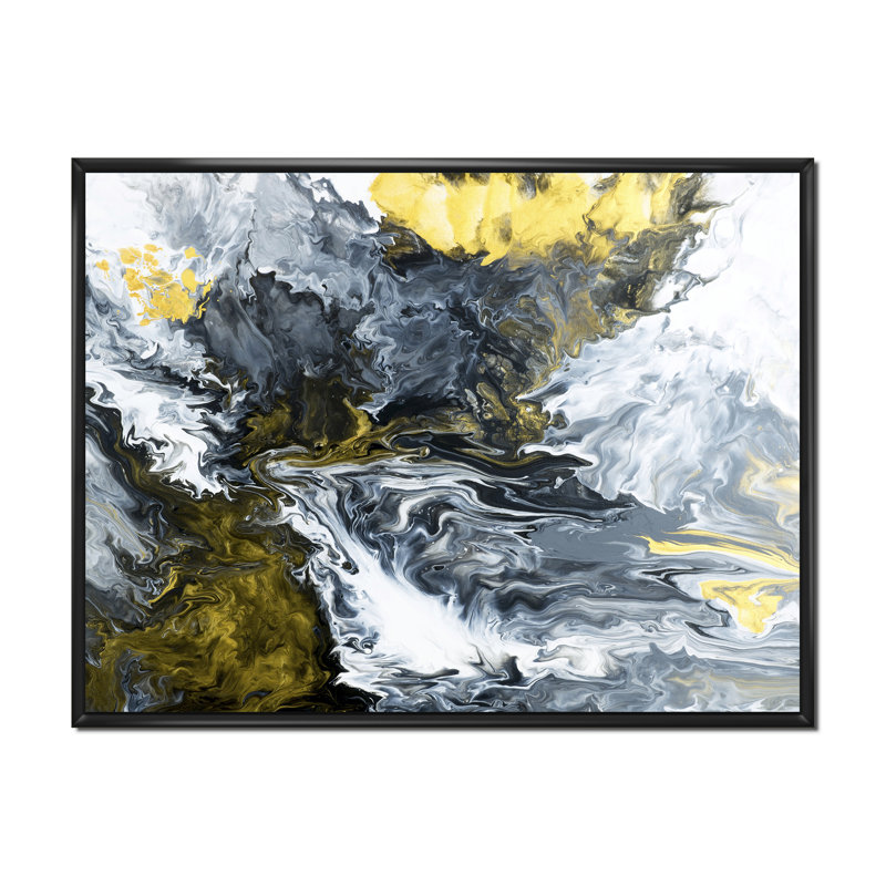 Rivière de marbre jaune dans un liquide Art Universe VII - peinture sur toile, H 25 po x l 33 po x P 1 po, Cadre noir