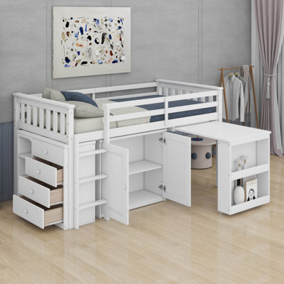 Lit mezzanine simple avec armoire à tiroirs et bureau à tiroirs, structure de lit en bois d'hévéa avec barrière de sécurité et échelle, meubles peu encombrants pour dortoirs pour filles et garçons