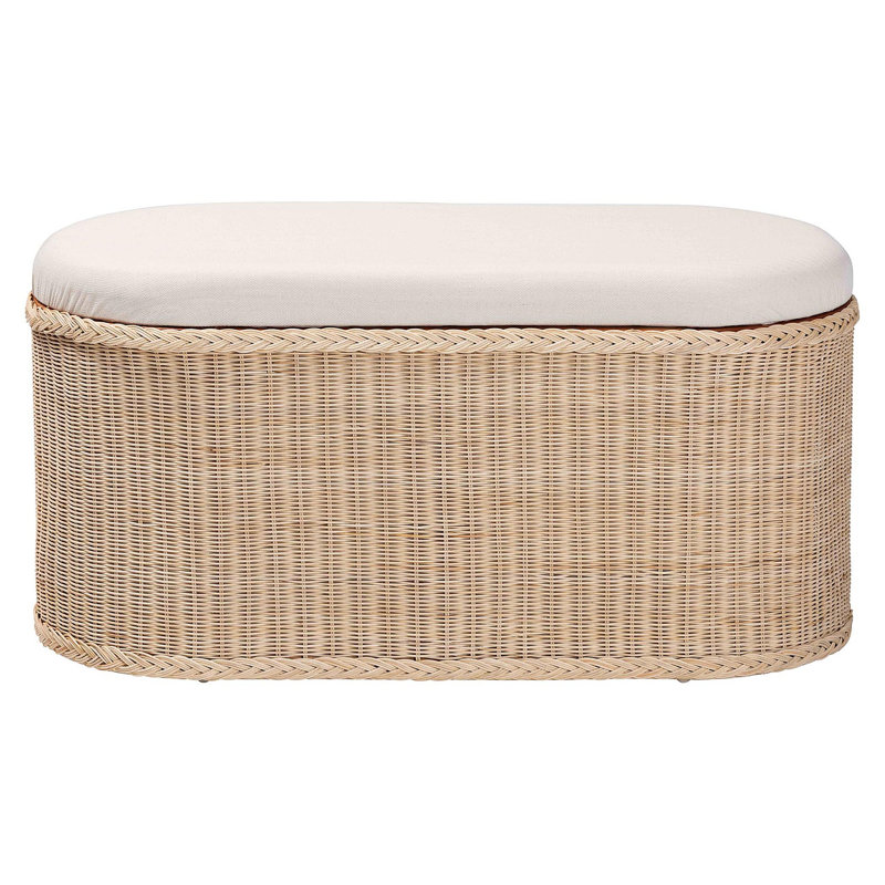 Banc de rangement en rotin avec couvercle relevable rembourré - Commode de style bohème côtier pour l'organisation de la chambre à coucher, du vestibule ou du salon
