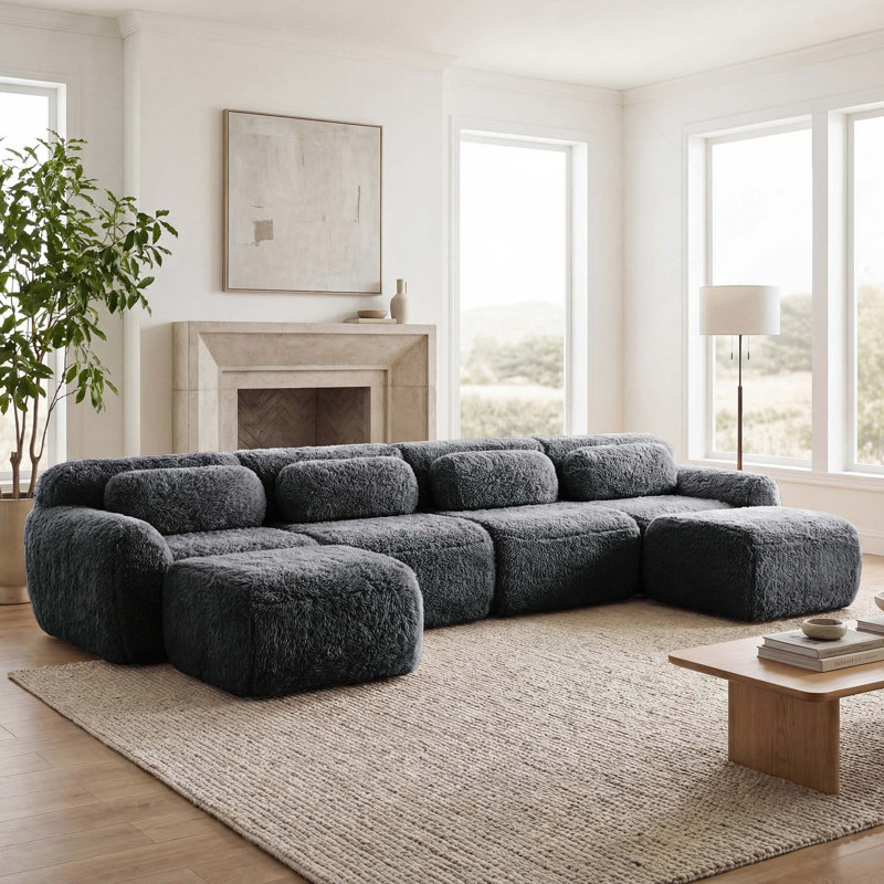 Canapé modulaire ergonomique à 4 places en tissu moelleux doux et moelleux avec coussins décoratifs et 2 repose-pieds pour le cinéma maison