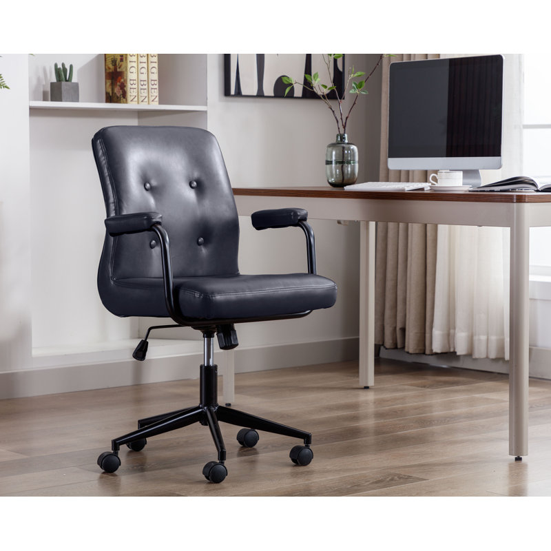 Edelfriede Faux Leather Office Chair with Steel Roller Base, Black