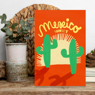 Mexicosunset Retro Vibrant Vintage Cactus Landscape Nature Wall Art Print 1 Piece Wrapped Canvas Wall Art