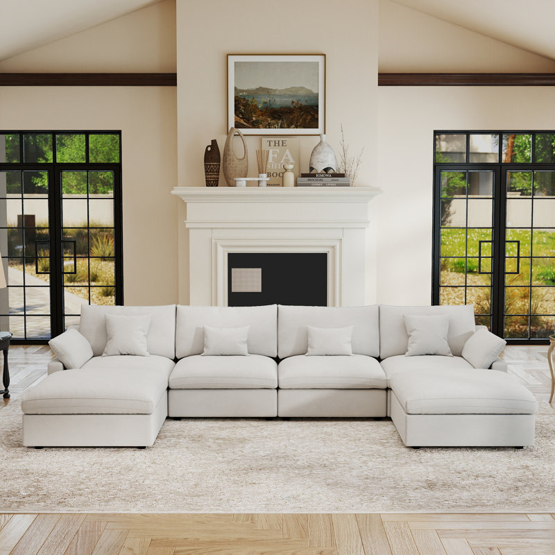 Upholstered U-shaped Symmetrical Sectional With Ottoman, Mousse beige
