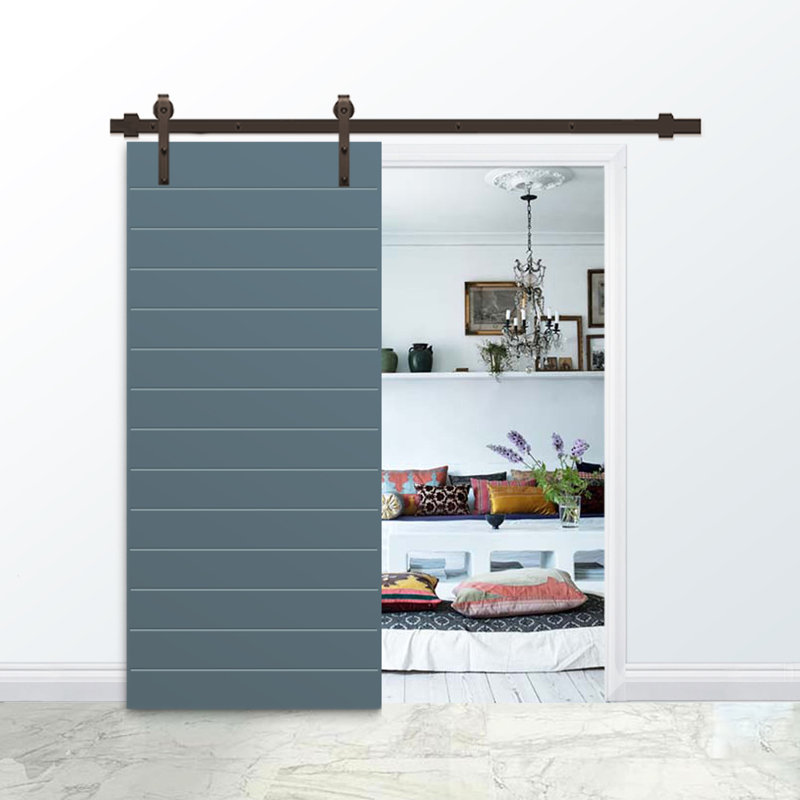 Panelled Manufactured Wood And Metal Painted Interior Sliding Barn Door With Installation Hardware Kit, Dignity Blue