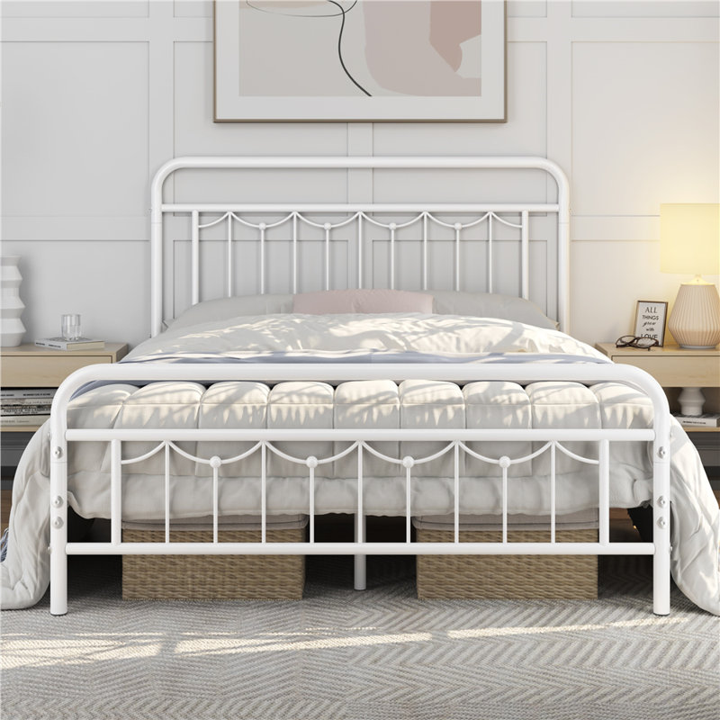 Dravin Metal Platform Bed Frame with Vintage Headboard and Footboard, Queen, White