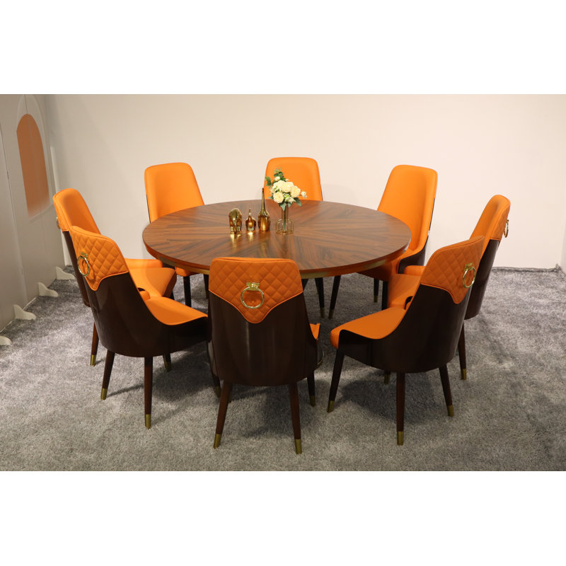 Vogue Lux Orange 61" Round Dining Set, Orange, 9 Pieces: Table, 8 Chairs, 31" H x 61" W x 61" D