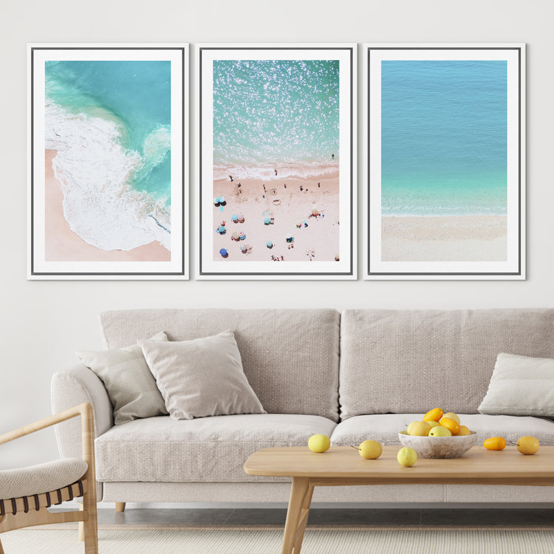 «Nautical Beach Clear Ocean Waves Coastal», reproduction d'art sur toile encadrée, H 36 po x l 72 po, Blanc