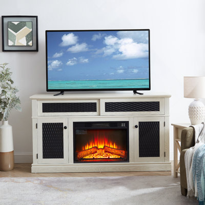 Meuble télé à motif en relief avec foyer encastré, console télé et média avec rangement polyvalent et porte coulissante pour le divertissement à domicile