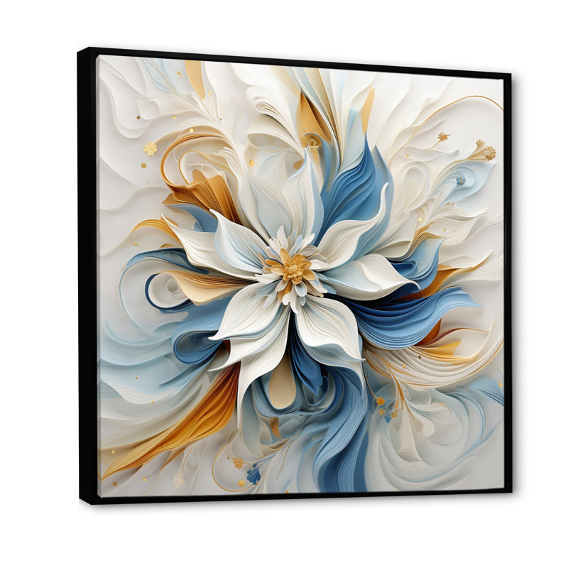 Abstrait fleur de magnolia blanc, bleu ambre - art mural fleurs, 16" H x 16" W, Cadre flottant noir