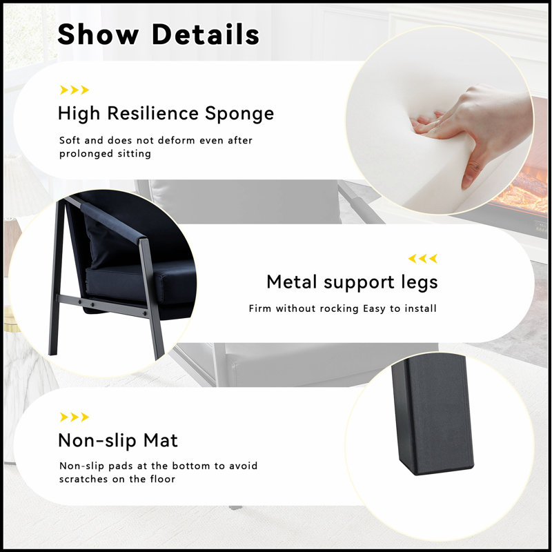 Fauteuil d'appoint moderne en similicuir, fauteuil rembourré simple avec structure en métal noir robuste, fauteuil de lecture industriel pour salon, chambre et bureau