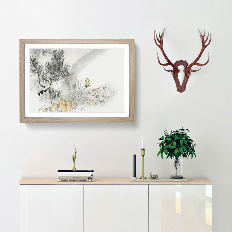 Butterfly & Pine Tree by Watanabe Seitei - Picture Frame Art Print, 62cm H x 87cm W x 2cm D, Oak Framed