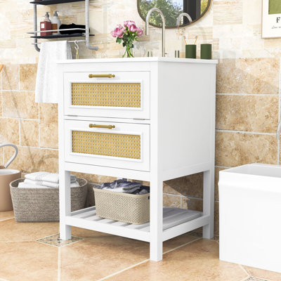 Meuble-lavabo autoportant moderne avec lavabo en céramique, tiroir escamotable, rangement ouvert et façade en rotin