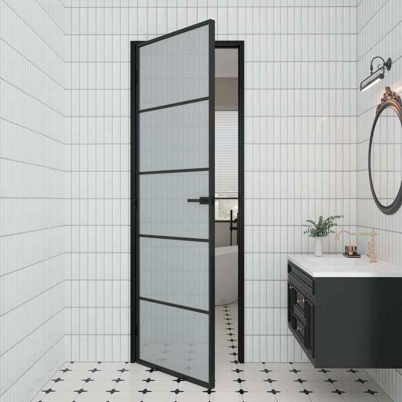 Panneau de porte intérieur en verre givré Aluminun 5-Lite avec cadre et bouton Aluminun, H 80 po x l 30 po, Oui