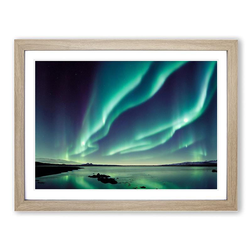 Enticing Northern Lights - Single Picture Frame Print, 46cm H x 64cm W x 2cm D, Oak 