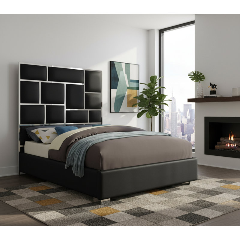 Uthyr Upholstered Panel Bed, Black Vegan Leather, King