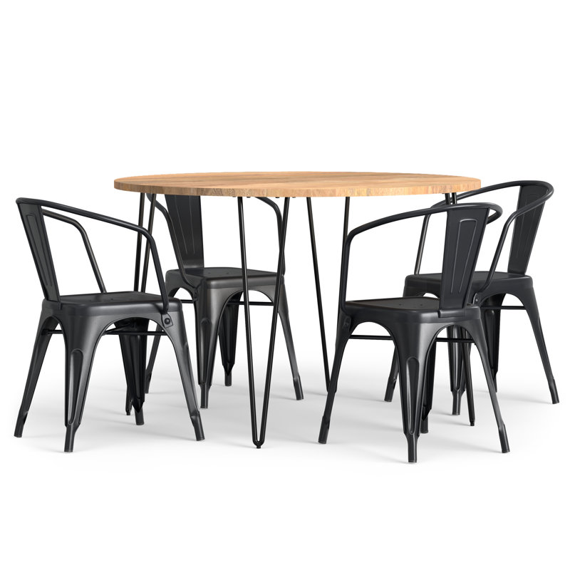 45'' Round Mango Wood Dining Set with Black Metal Chairs