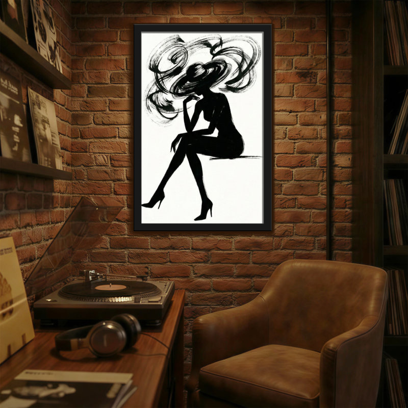 Silhouette abstraite femme avec des cheveux qui coule et un chapeau, H 36 po x l 24 po