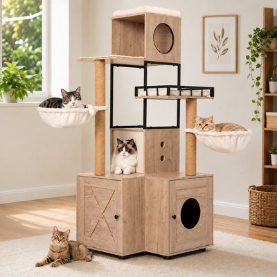 Grand arbre à chat multifonctionnel de 63 pouces avec un bac à litière caché, deux hamacs pour chat et des plateformes rembourrées élargies - Mobilier pour animaux de compagnie